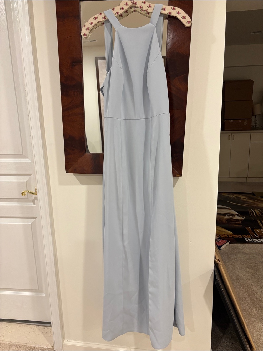 Elegant Light Blue mist crepe Halter crisscross  back Maxi by Dessy Collection